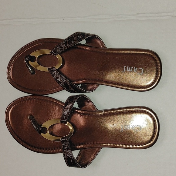 NWOT Cami Gold and Metallic brown thong Flat Sandal Size 6 - Picture 1 of 9